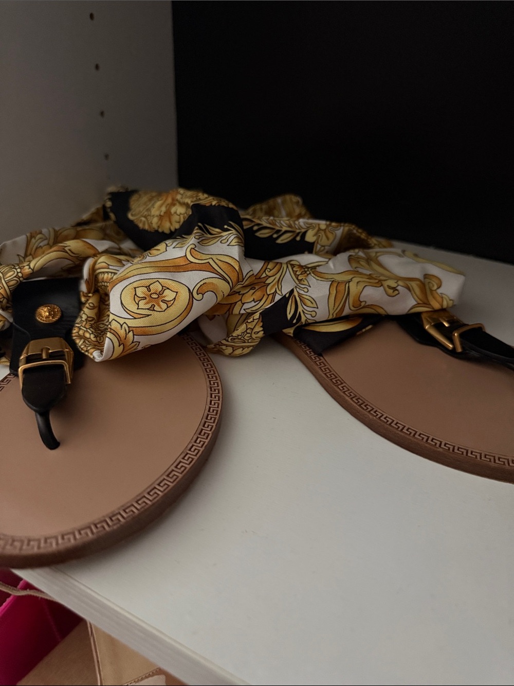 Versace Black and Tan Scarf-Trim Flat Sandals